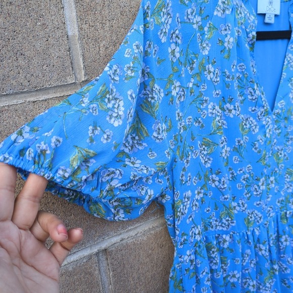 CeCe Womens Blue Floral Shift Raffled Dress M Chiffon Puff Sleeve V-neck - Picture 3 of 9